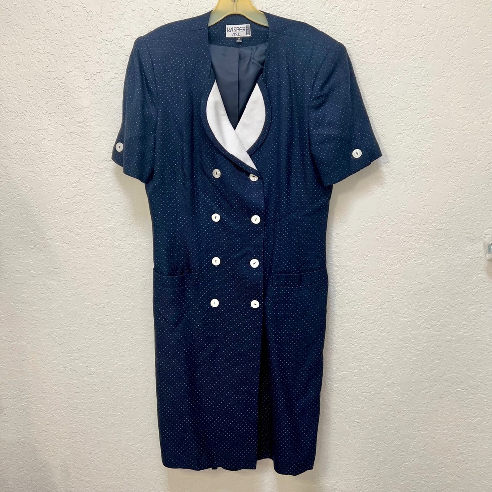 Kasper ASL Vintage 80s‎ Navy Blue Polka Dot Double Breasted Sheath Dress Size 14